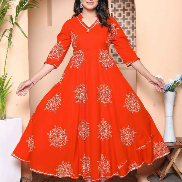 Miravan Womens Orange V-Neck Printed Anarkali Style Kurta - Distacart