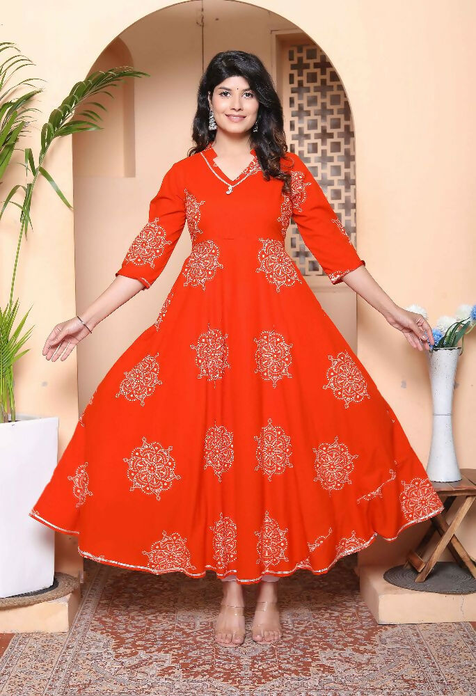 Miravan Womens Orange V-Neck Printed Anarkali Style Kurta