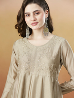 Thumbnail for The52 Chiku Women's Beautiful Vichitra Silk Fabric Embroidered Work Flared Anarkali Pant and Dupatta Set - Distacart