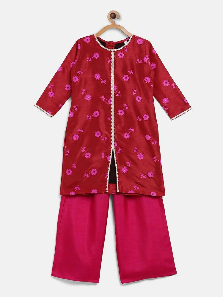 Ahalyaa Red Poly Silk Straight Printed Kids Kurta Palazzo Set For Girls - Distacart