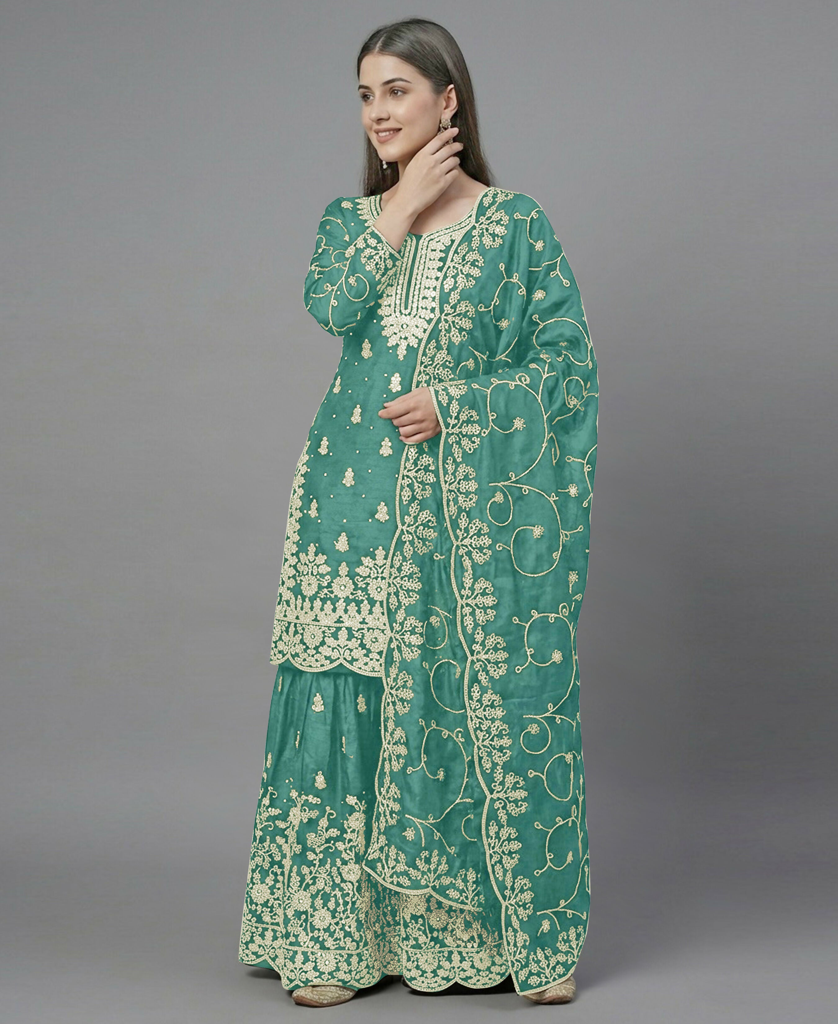 Teeya Creation Womens New Trendy Pure Gmy Silk With Heavy Embroidery Sequence Work Light-Green Kurta Set - Dista