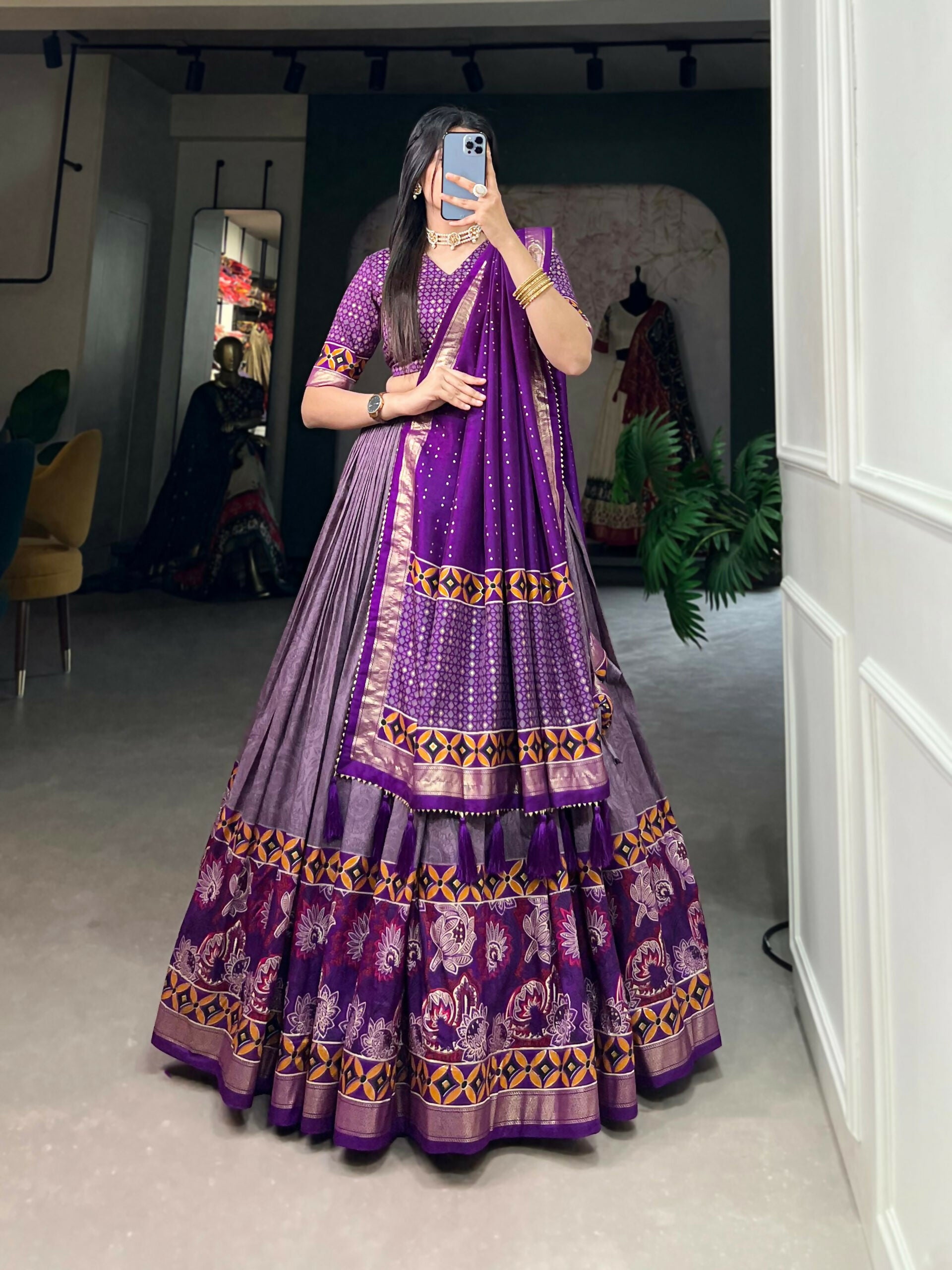 Vastranavya Floral Print With Foil Print Tussar Silk Lehenga with Unstitched Blouse - Purple - Distacart