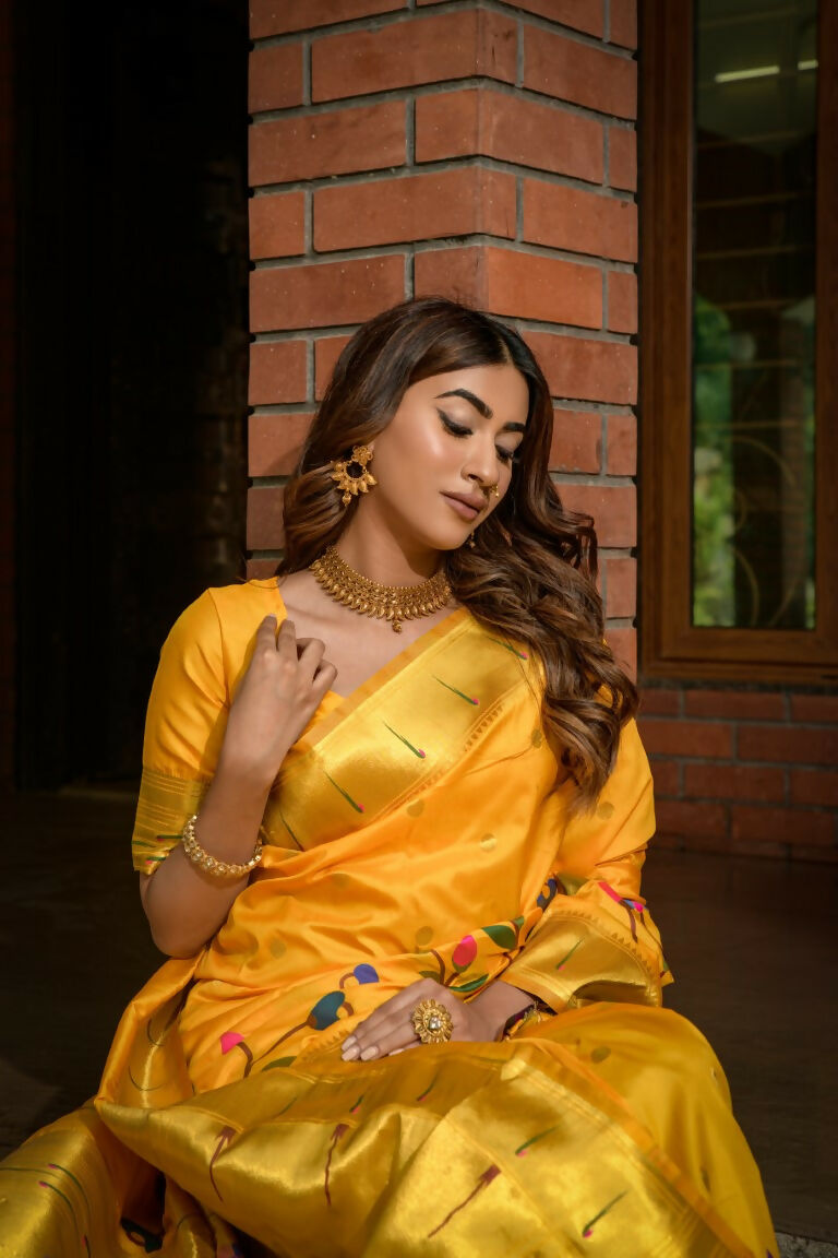Jyoti Fashion Women's Yellow Paithani Silk Zari Woven Saree with Blouse - Distacart