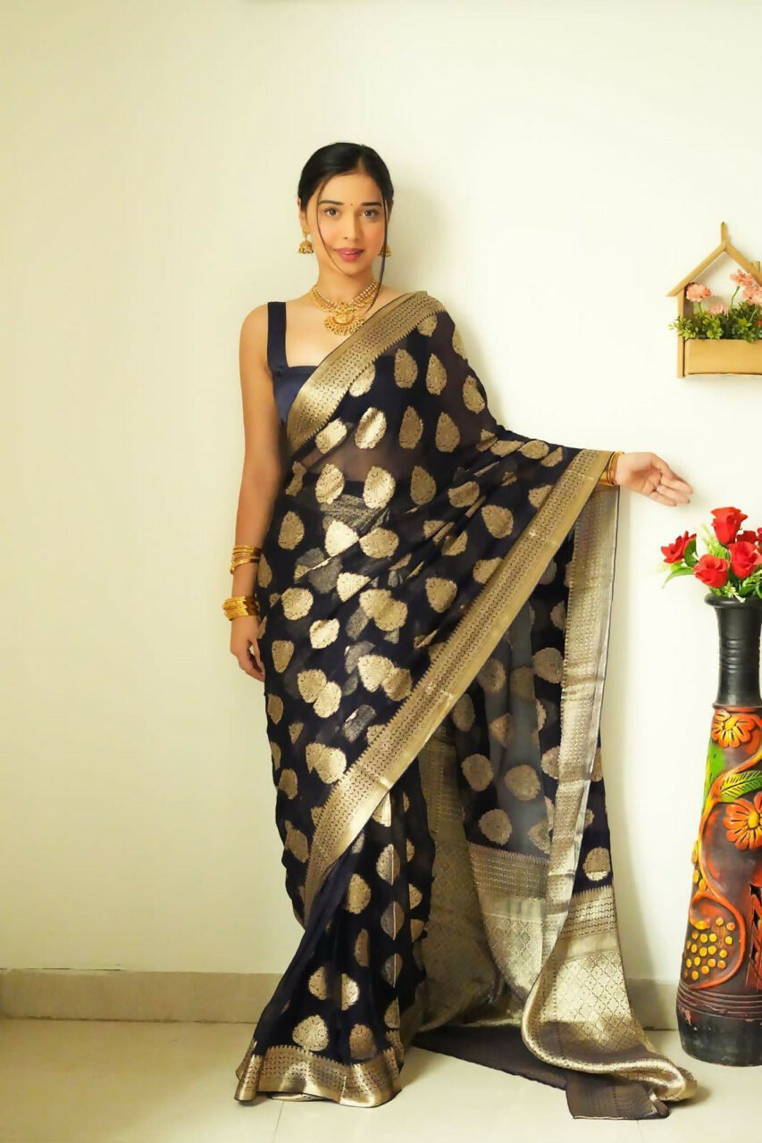 Malishka Cotton Silk Jacquard Ready To Wear Saree With Blouse Piece - Black - Distacart