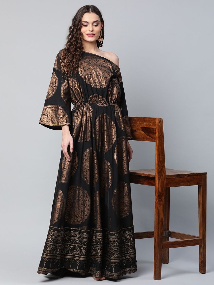 Ahalyaa Womens Black Crepe Copper Foil Printed Maxi Dress - Distacart