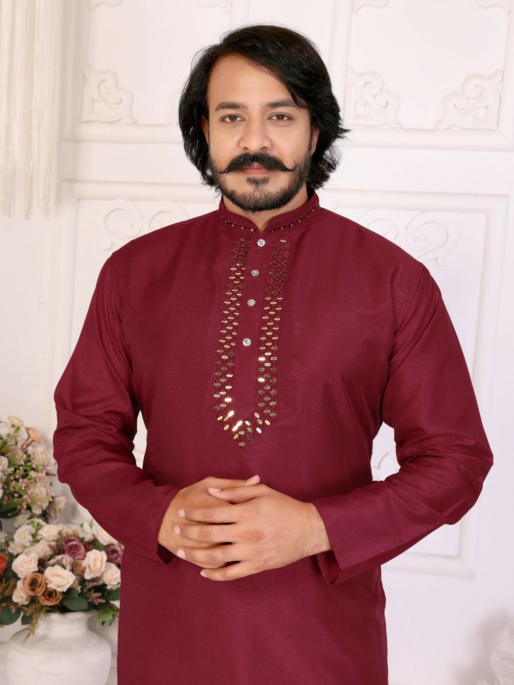 Anaita Maroon Silk Straight Kurta With Neck Mirror Work - Distacart