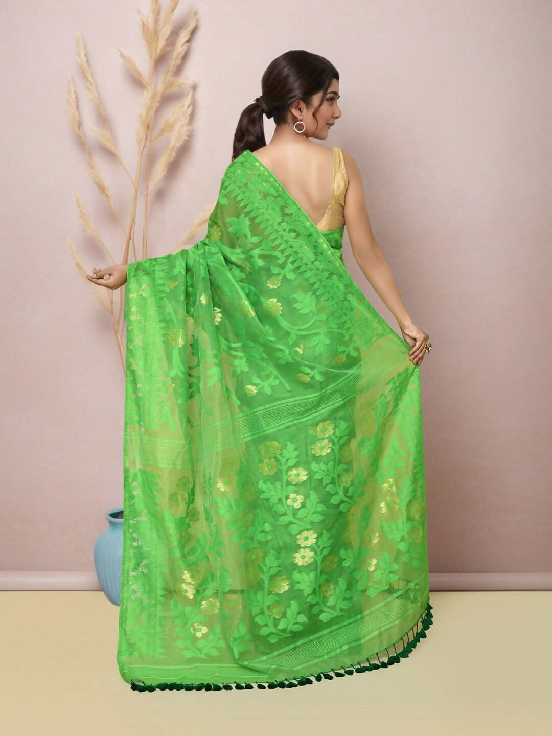 Joban Fashion Green Cotton Blend Jamdani Saree