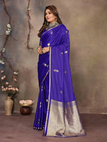 Thumbnail for Joban Fashion Indigo Blue Floral & Botanical Motifs Satin Silk Banarasi Silk Saree - Distacart