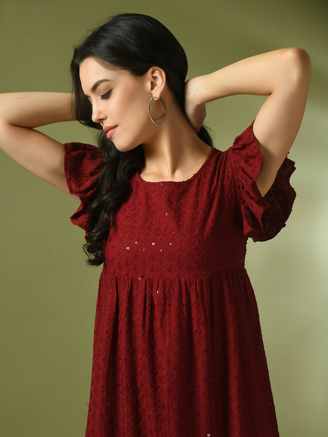 Myshka Women's Maroon Embroidered Cotton Round Neck A-Line Party Dress - Distacart