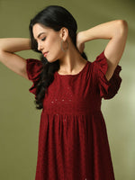 Thumbnail for Myshka Women's Maroon Embroidered Cotton Round Neck A-Line Party Dress - Distacart