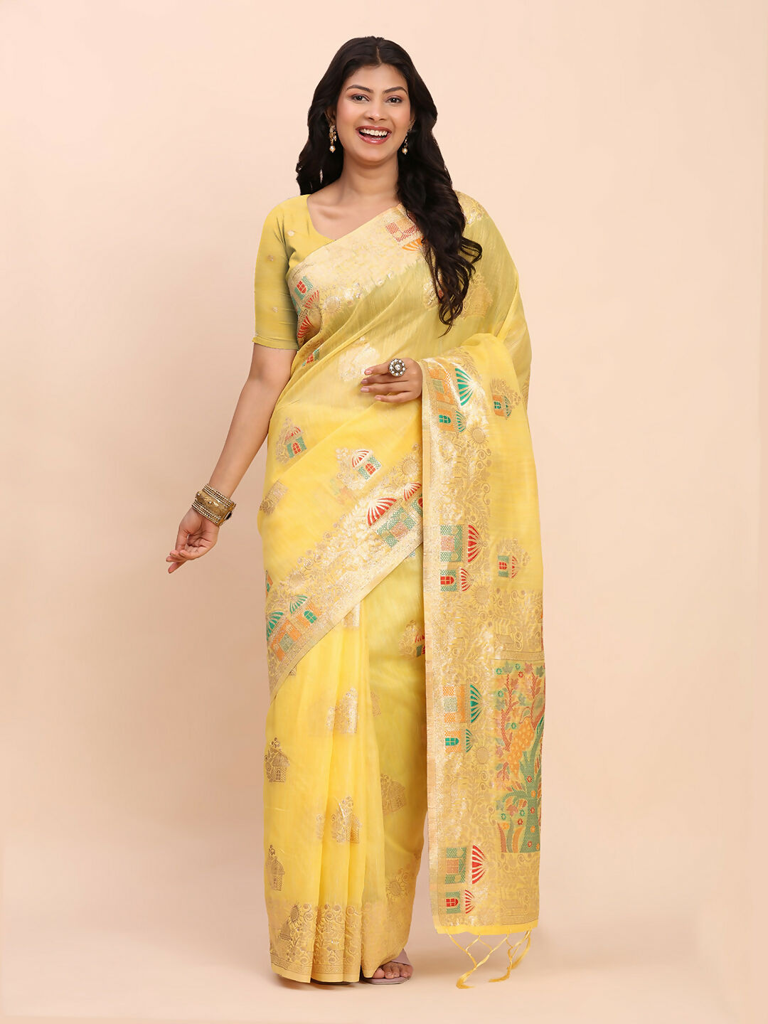 Shree Shyam Fashion Linen Cotton Yellow Saree - Distacart