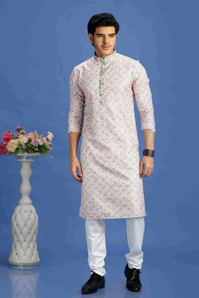 Raivat Ethnic Cotton Embroidery Kurta Pajama In Peach Colour - Dista
