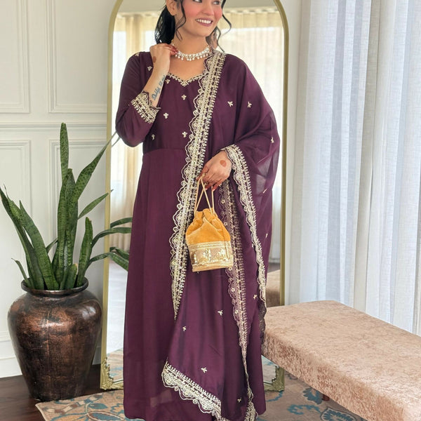 The52 Wine Women's Gorgeous Vichitra Silk Fabric Embroidered Work Flared Anarkali Pant and Dupatta Set