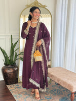 Thumbnail for The52 Wine Women's Gorgeous Vichitra Silk Fabric Embroidered Work Flared Anarkali Pant and Dupatta Set