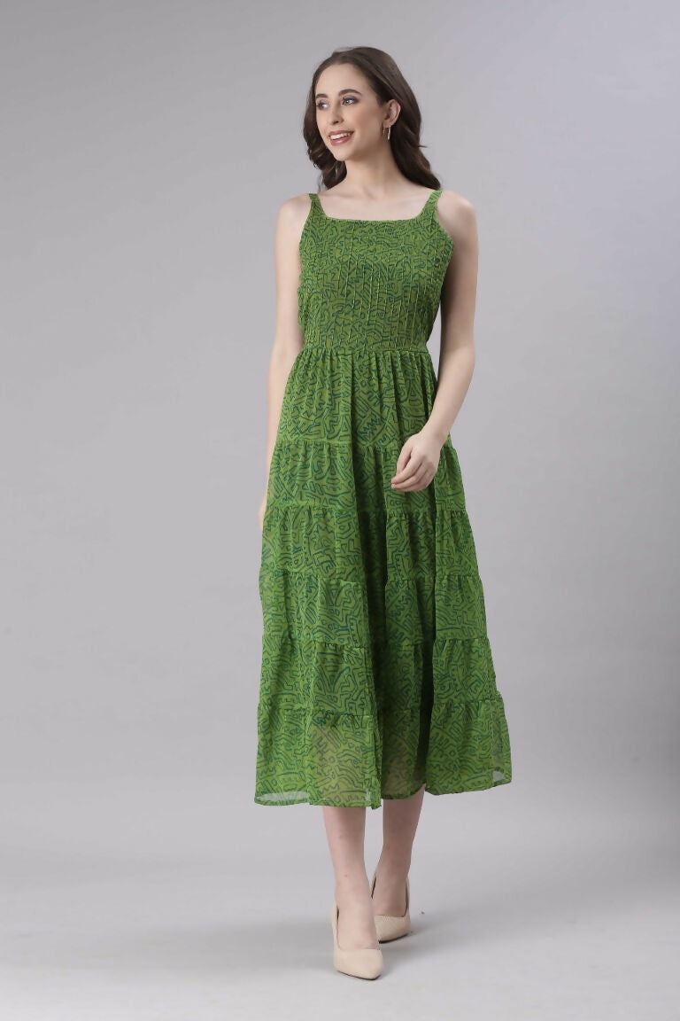 Souchii Green Varlie Printed Tiered Dress – Flowy Fit & Flare