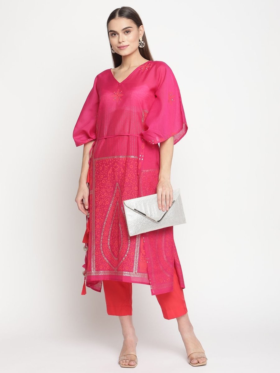 Ahalyaa Pink Chanderi Orange khari Print Kaftan With Trouser