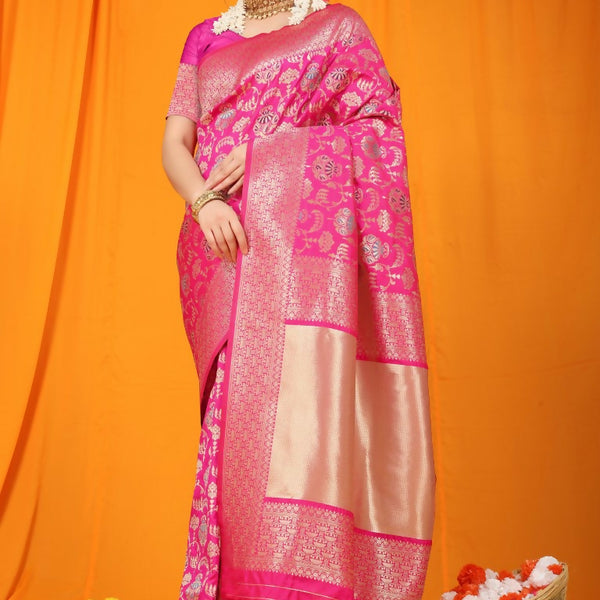 Jyoti Fashion Women's Rani Pink Kanjivaram Silk Zari Woven Saree with Blouse - Distacart