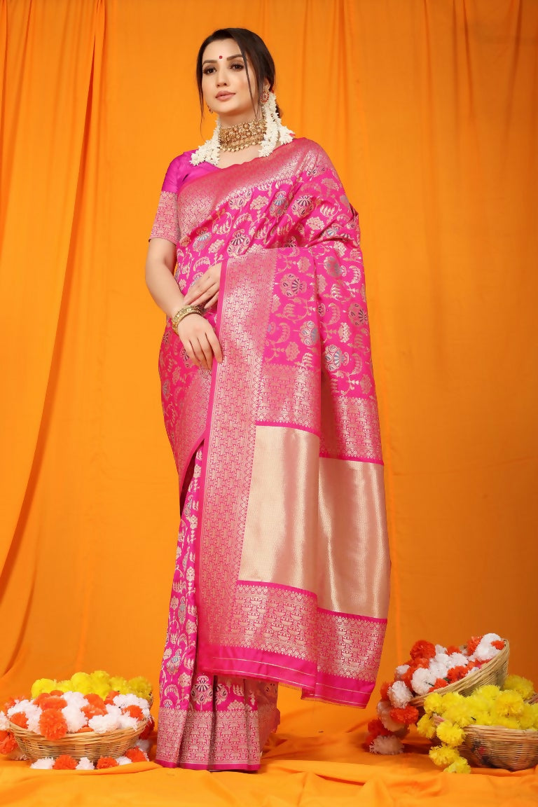 Jyoti Fashion Women's Rani Pink Kanjivaram Silk Zari Woven Saree with Blouse - Distacart
