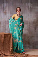 Thumbnail for Vastranavya Sea Blue Satin Silk Printed Saree with a Natural Silk Unstitched Blouse - Distacart