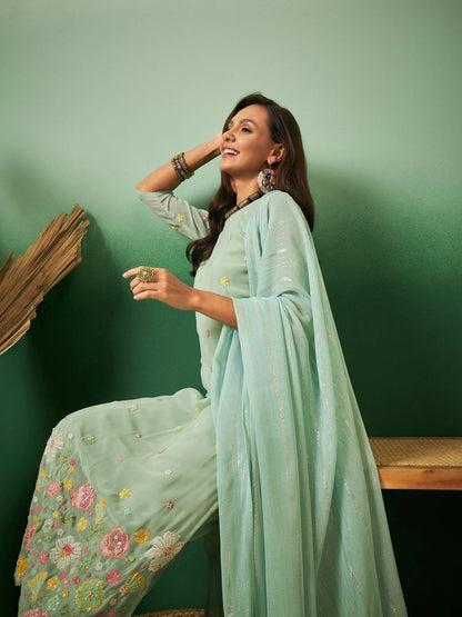 Aqua Blue Georgette Handwork Unstitched Dress Material - Hanika - Distacart