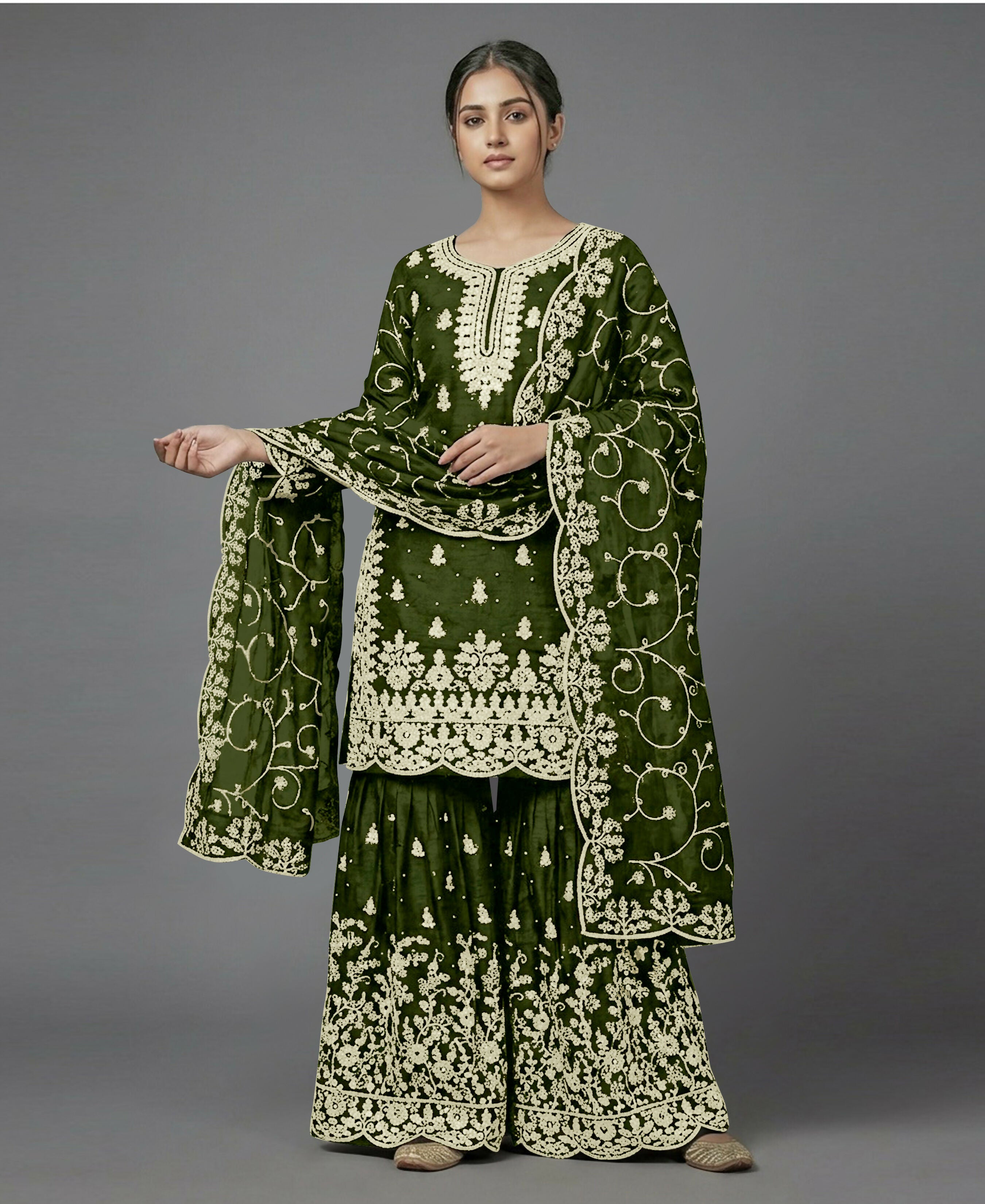 Teeya Creation Womens New Trendy Pure Gmy Silk With Heavy Embroidery Sequence Work Mehendi Kurta Set - Dista