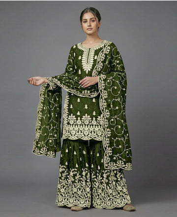 Teeya Creation Womens New Trendy Pure Gmy Silk With Heavy Embroidery Sequence Work Mehendi Kurta Set - Dista
