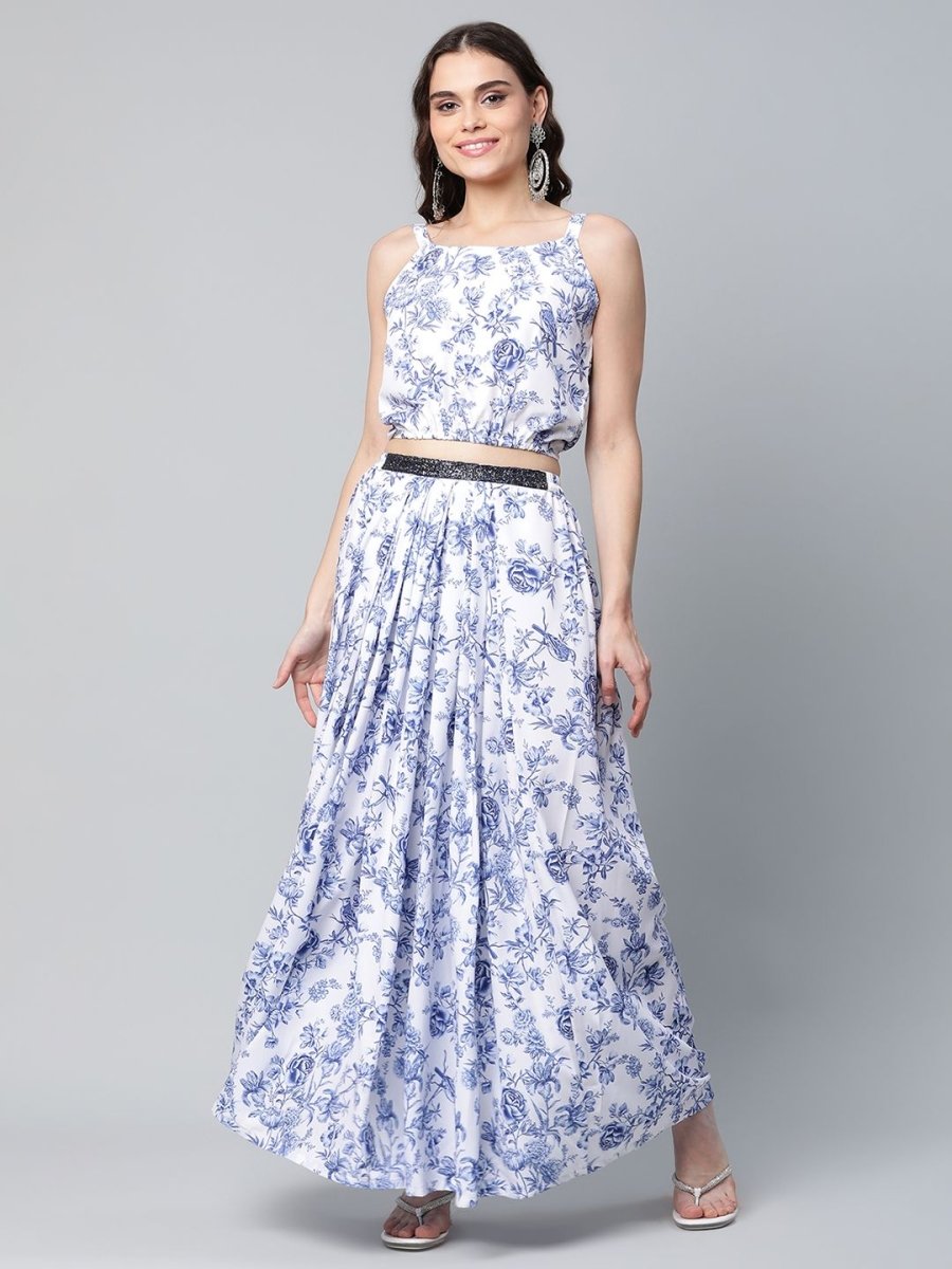 Ahalyaa Women Blue Crepe Printed Top with Skirt with Net Overlay - Distacart