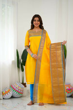 Thumbnail for Divine Drape Women's Cotton Printed Straight Kurta With Dupatta - Yellow