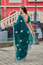 Thumbnail for Vastranavya Rama Embroidery Work Shimmer Chiffon Saree with Unstitched Blouse