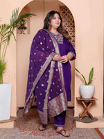 Thumbnail for Miravan Women's Plus Size Purple Muslin Straight kurta and palazzo with dupatta Suit set - Distacart