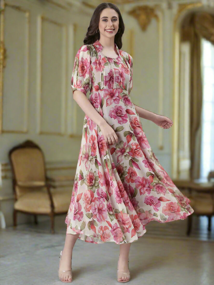Souchii Cream Floral Chiffon Dress - Dista