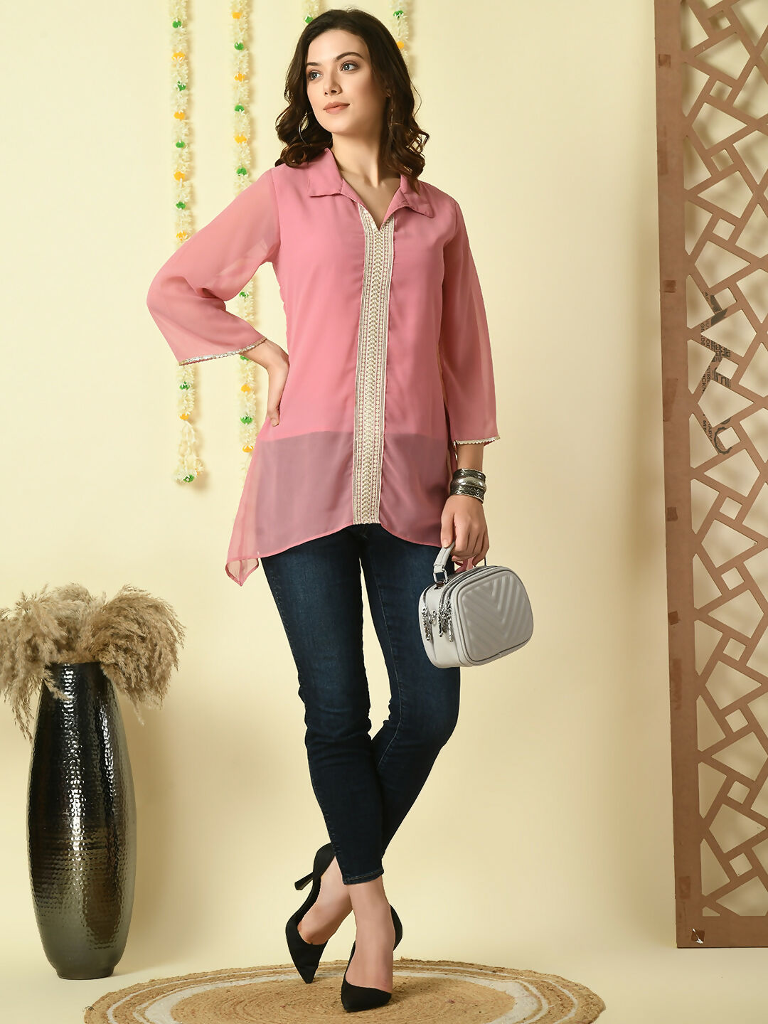 Myshka Women's Pink Embroidered Party Fusion Top - Distacart