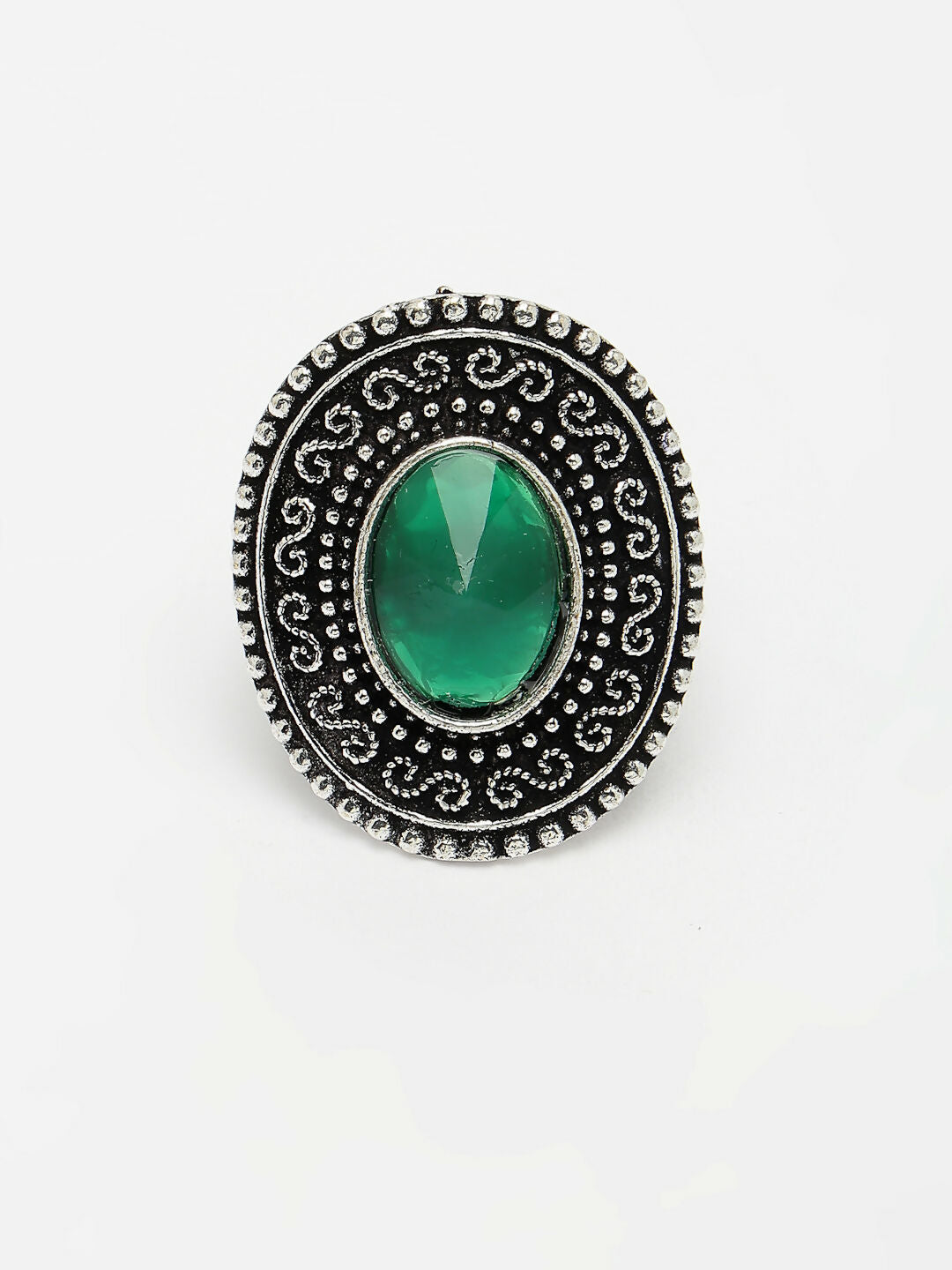 NVR Women's Green Silver-Toned German Silver Adjustable Finger Ring - Distacart