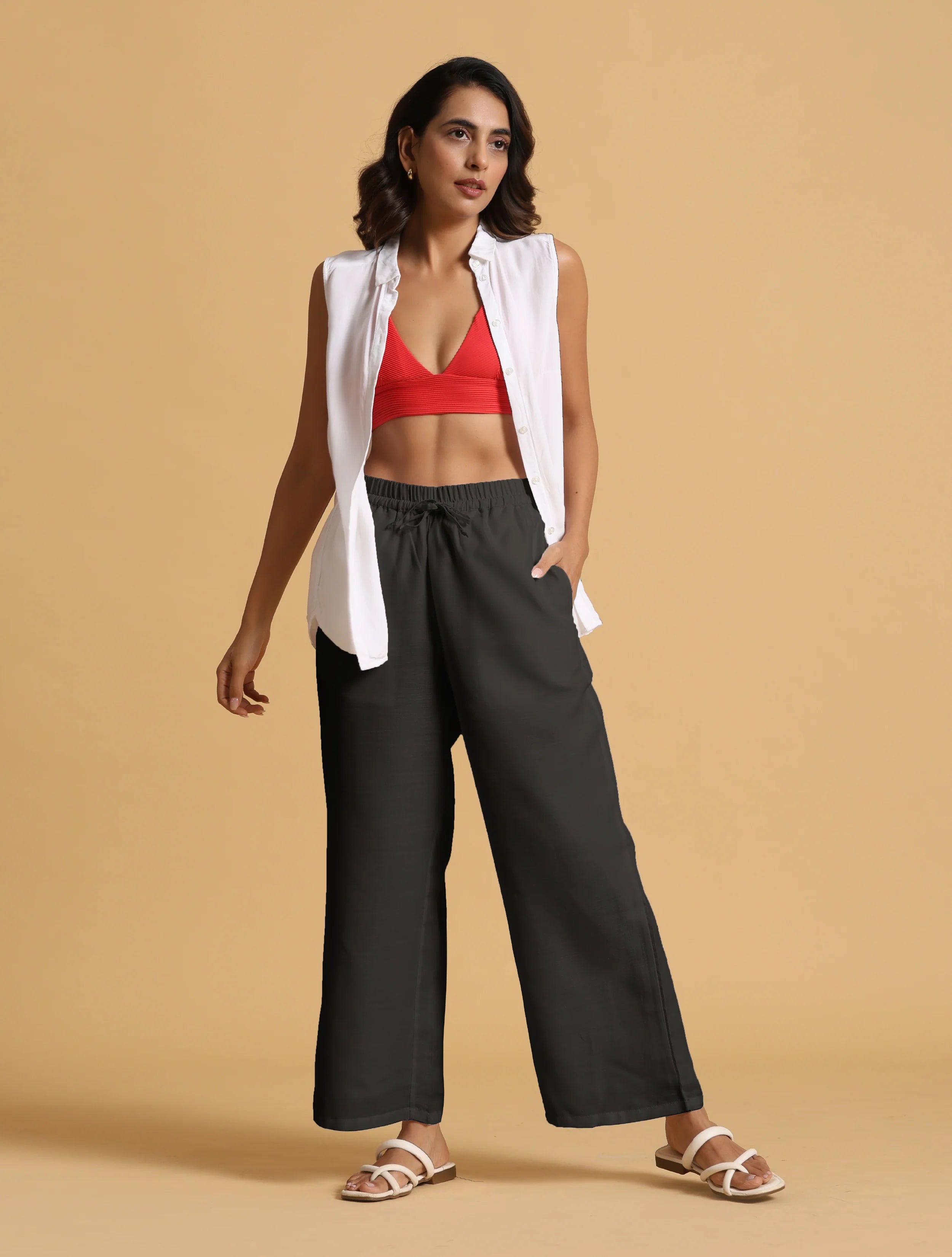 trueBrowns Black Cotton Blend Elasticated Drawstring Straight Pants - Distacart