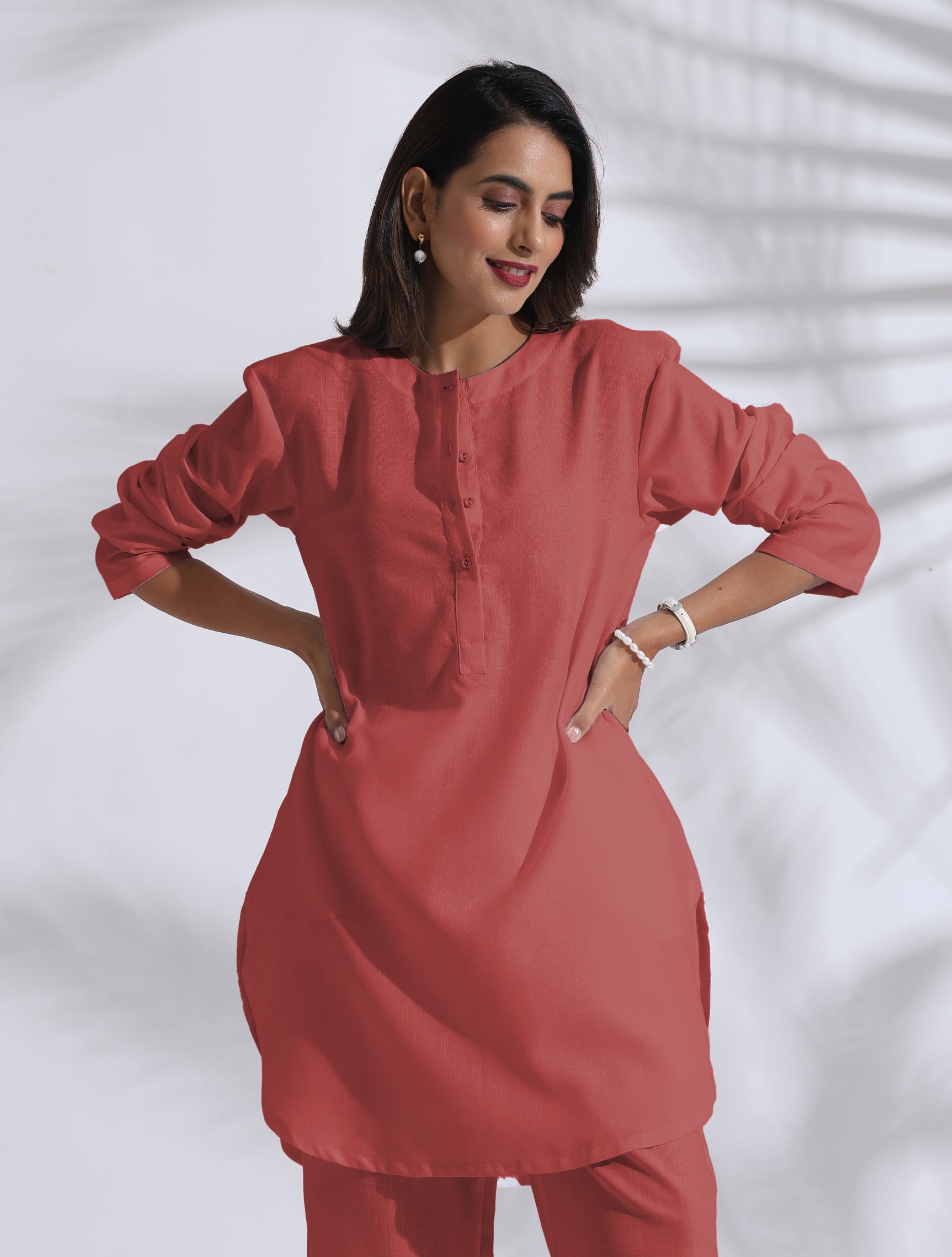 trueBrowns Pink Cotton Blend Pleated Kurta Co-ord Set - Distacart