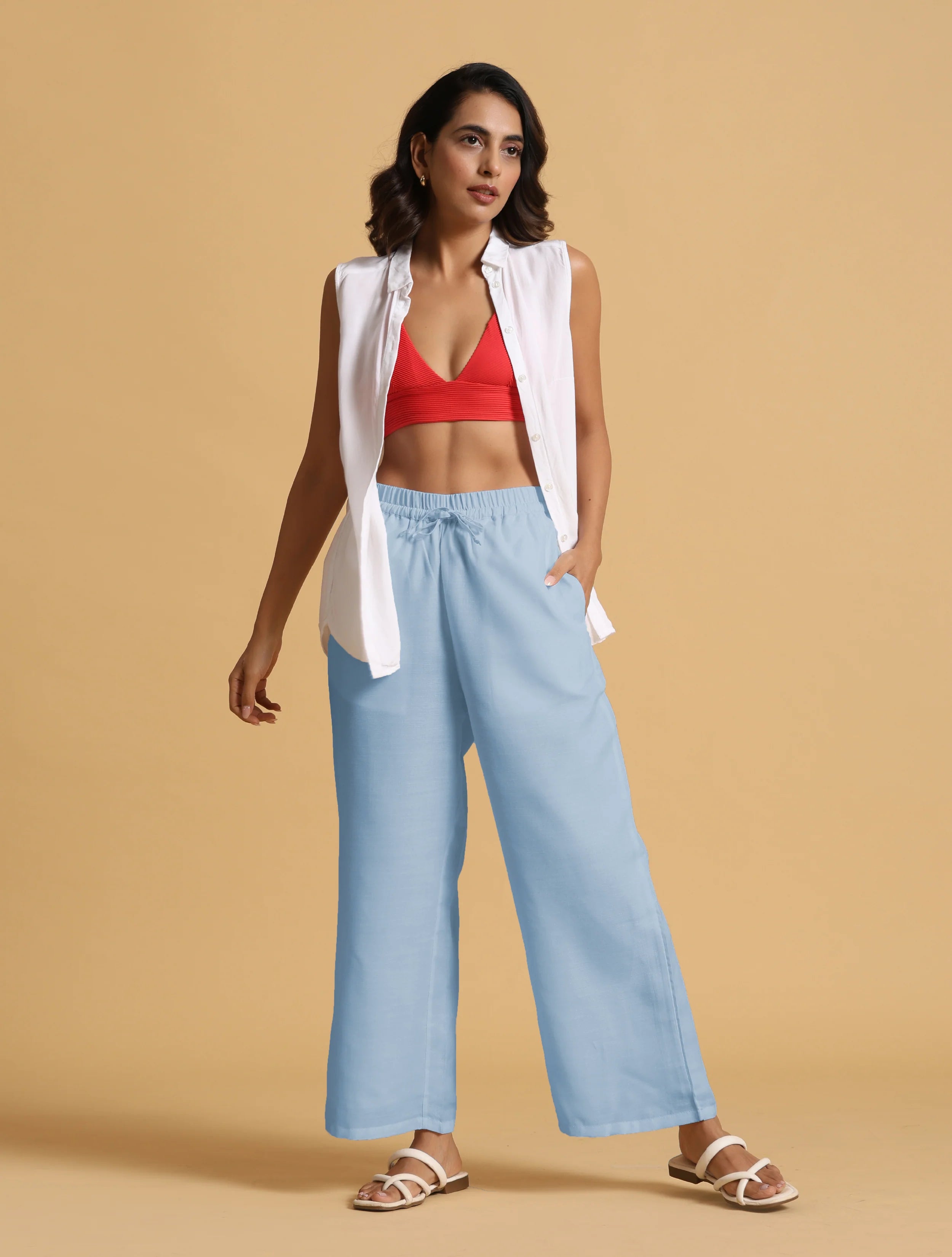 trueBrowns Light Blue Cotton Blend Straight Drawstring Pants - Distacart