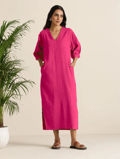 trueBrowns Hot Pink Cotton Blend Long Dress - Distacart