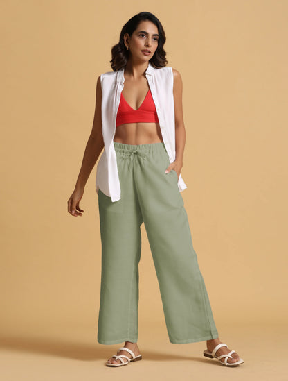 trueBrowns Mint Green Cotton Blend Elasticated Drawstring Straight Pants - Distacart