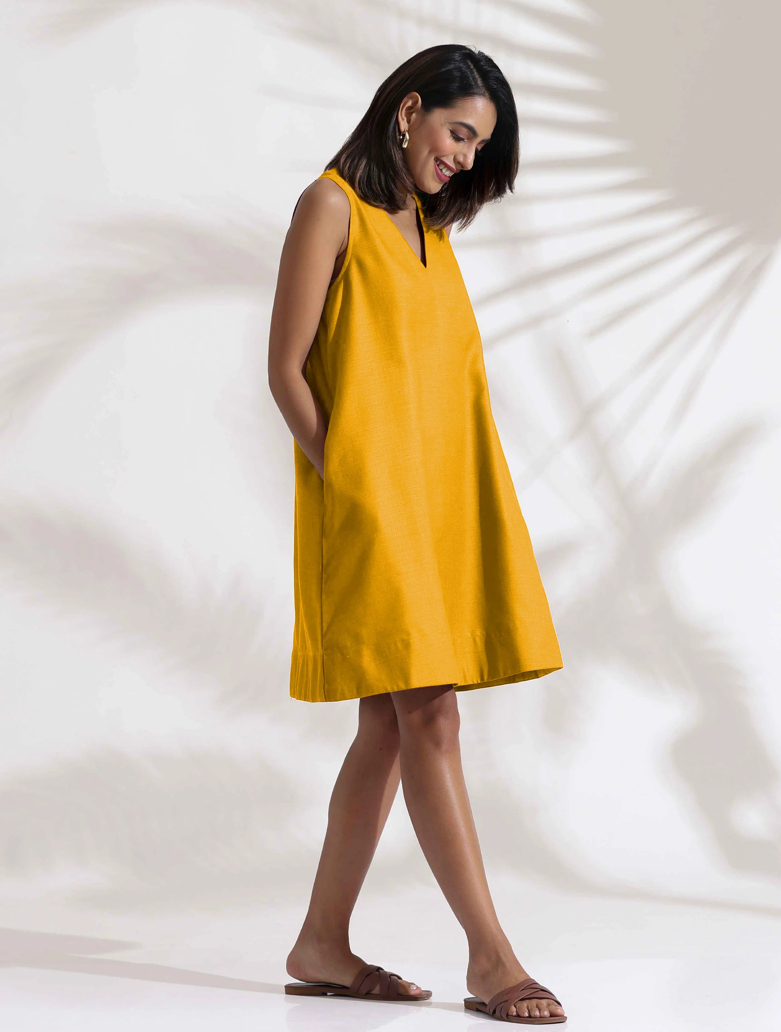 trueBrowns Mustard Cotton Blend Short Dress - Distacart