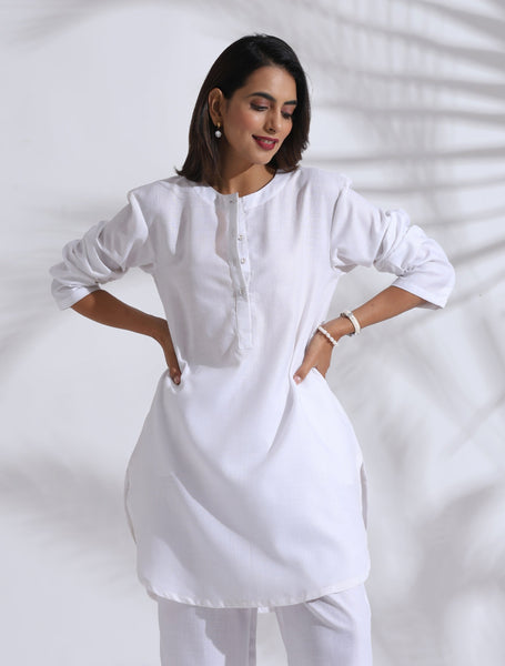 trueBrowns White Slub Kurta Co-ord Set