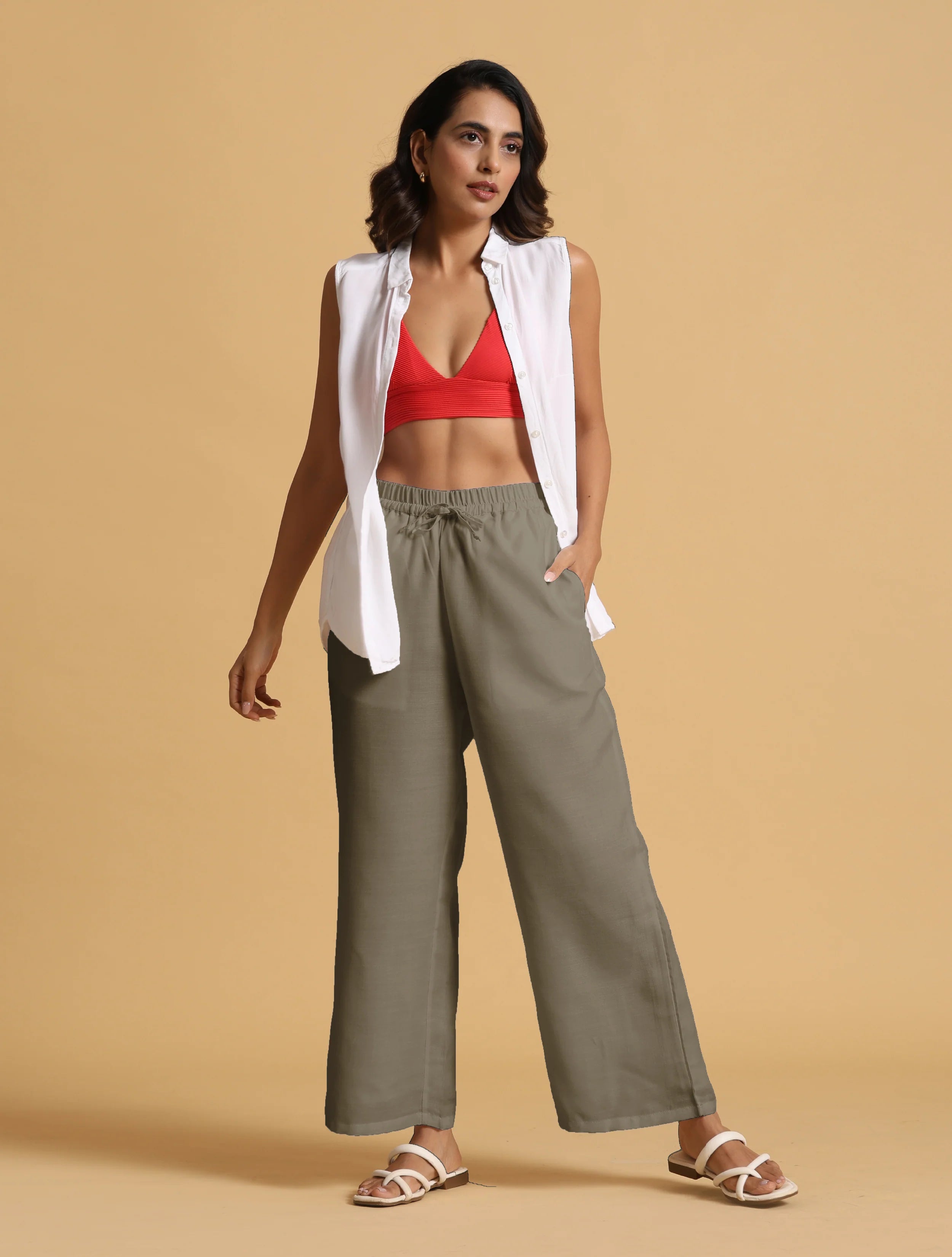 trueBrowns Olive Cotton Blend Elasticated Drawstring Straight Pants - Distacart