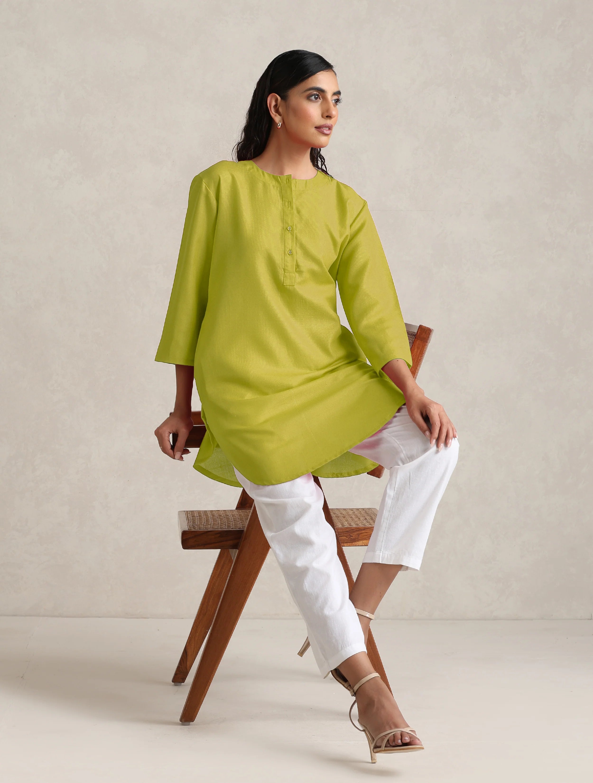 trueBrowns Lime Cotton Blend Short Kurta - Distacart