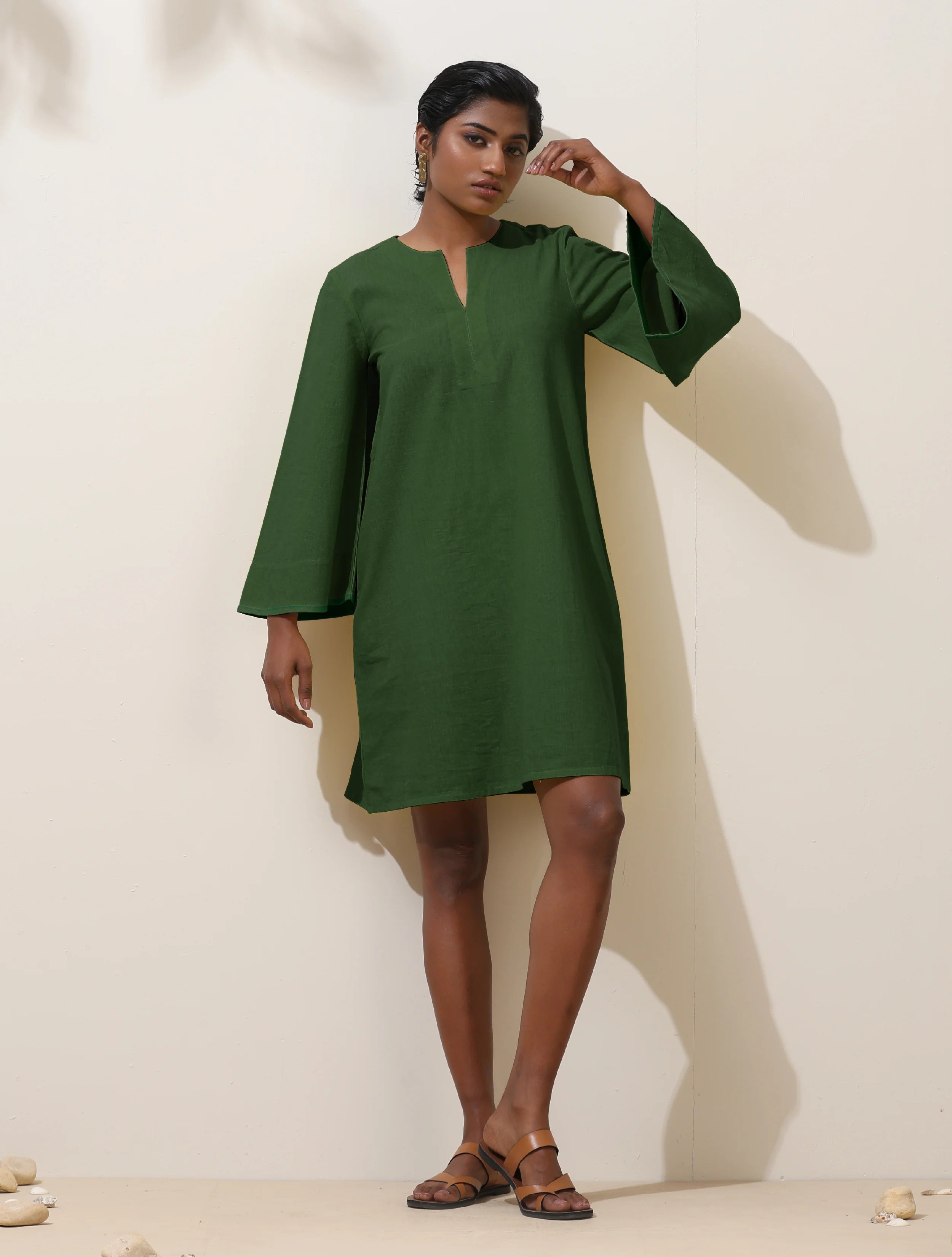 trueBrowns Green Cotton Blend Short Dress - Distacart