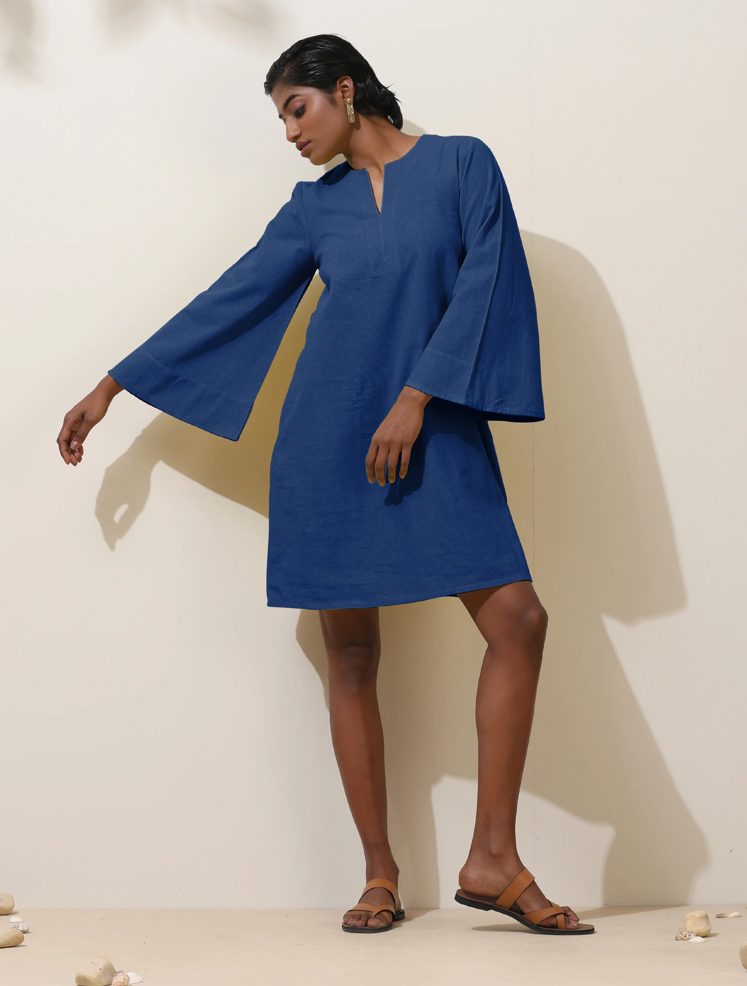 trueBrowns Blue Cotton Blend Short Dress - Distacart