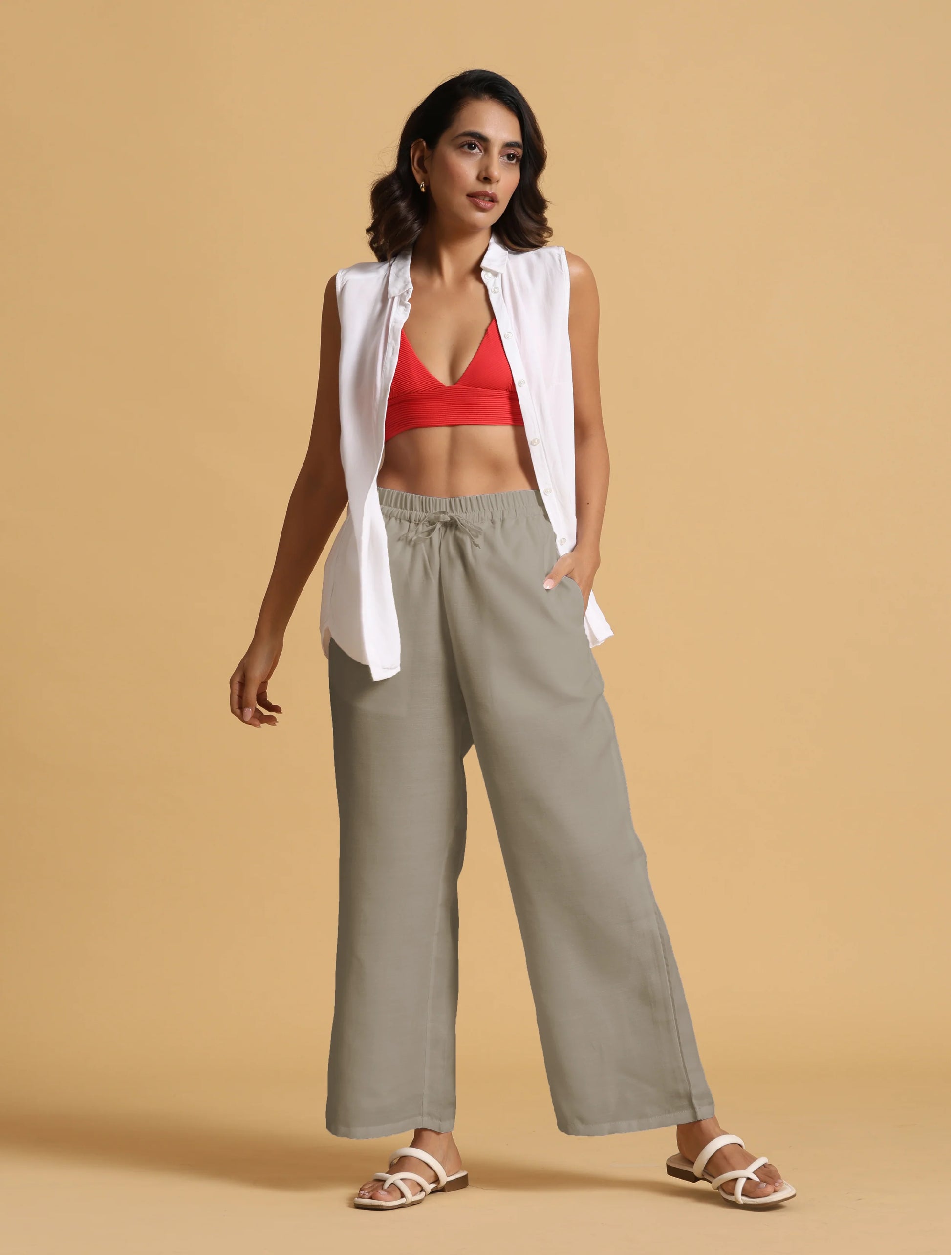 trueBrowns Grey Cotton Blend Elasticated Drawstring Straight Pants - Distacart