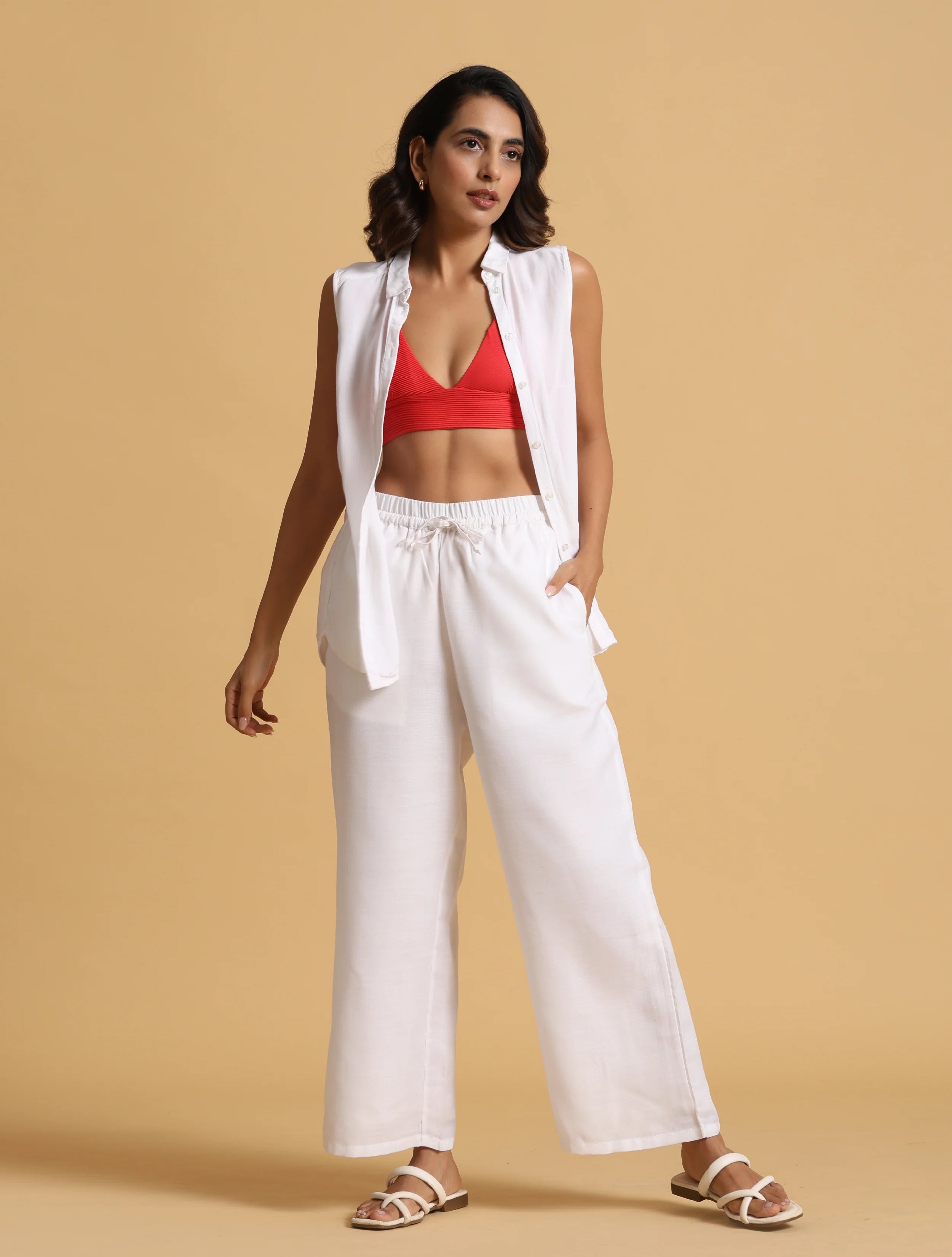 trueBrowns White Cotton Blend Elasticated Drawstring Straight Pants - Distacart