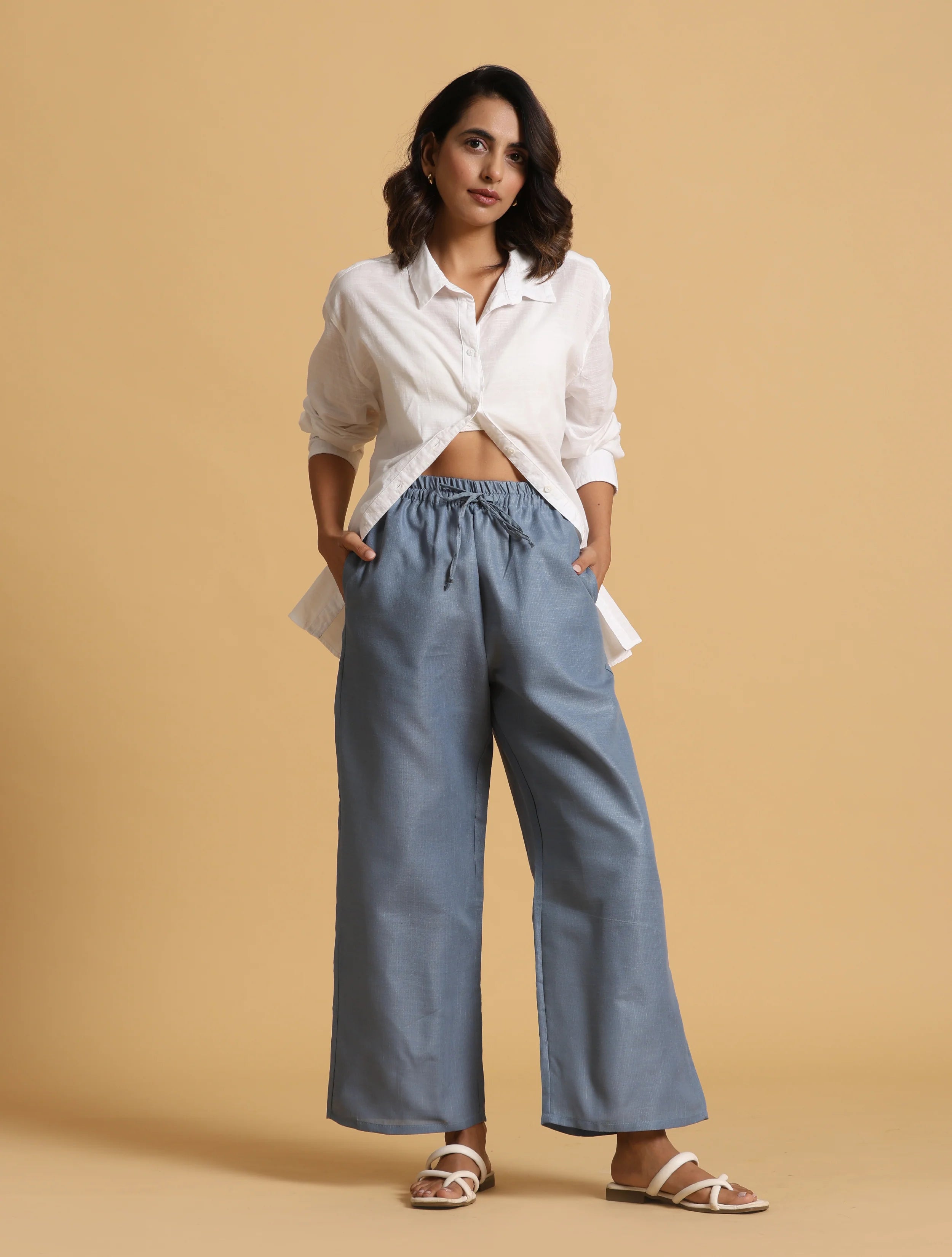 trueBrowns Blue Cotton Blend Elasticated Drawstring Straight Pants - Distacart