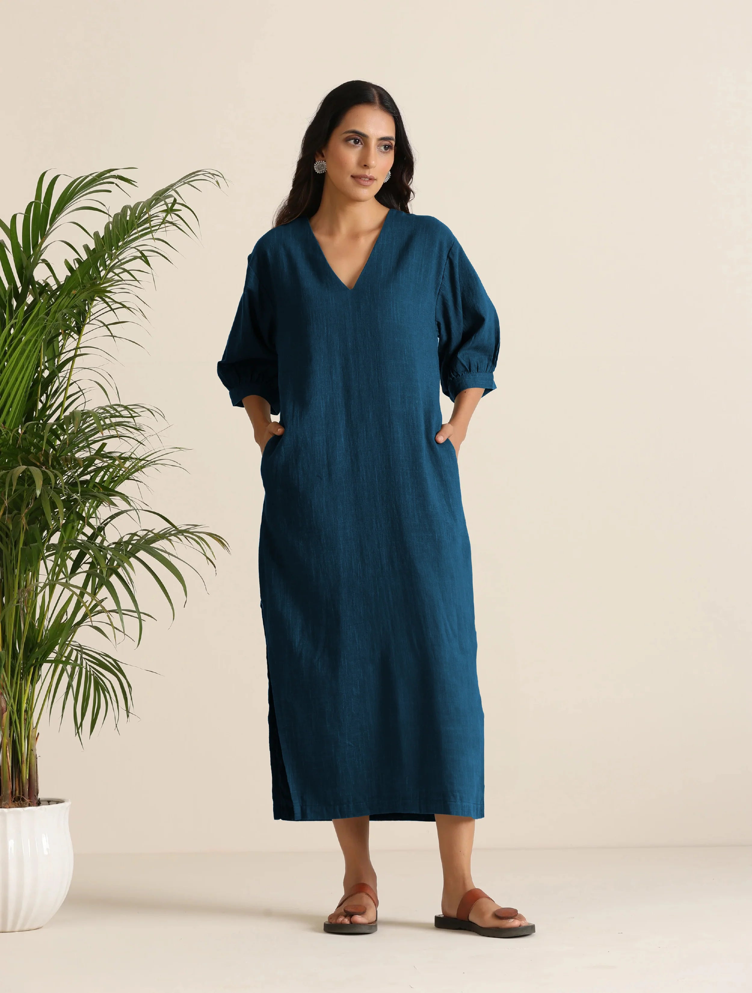 trueBrowns Blue Cotton Blend Long Dress - Distacart