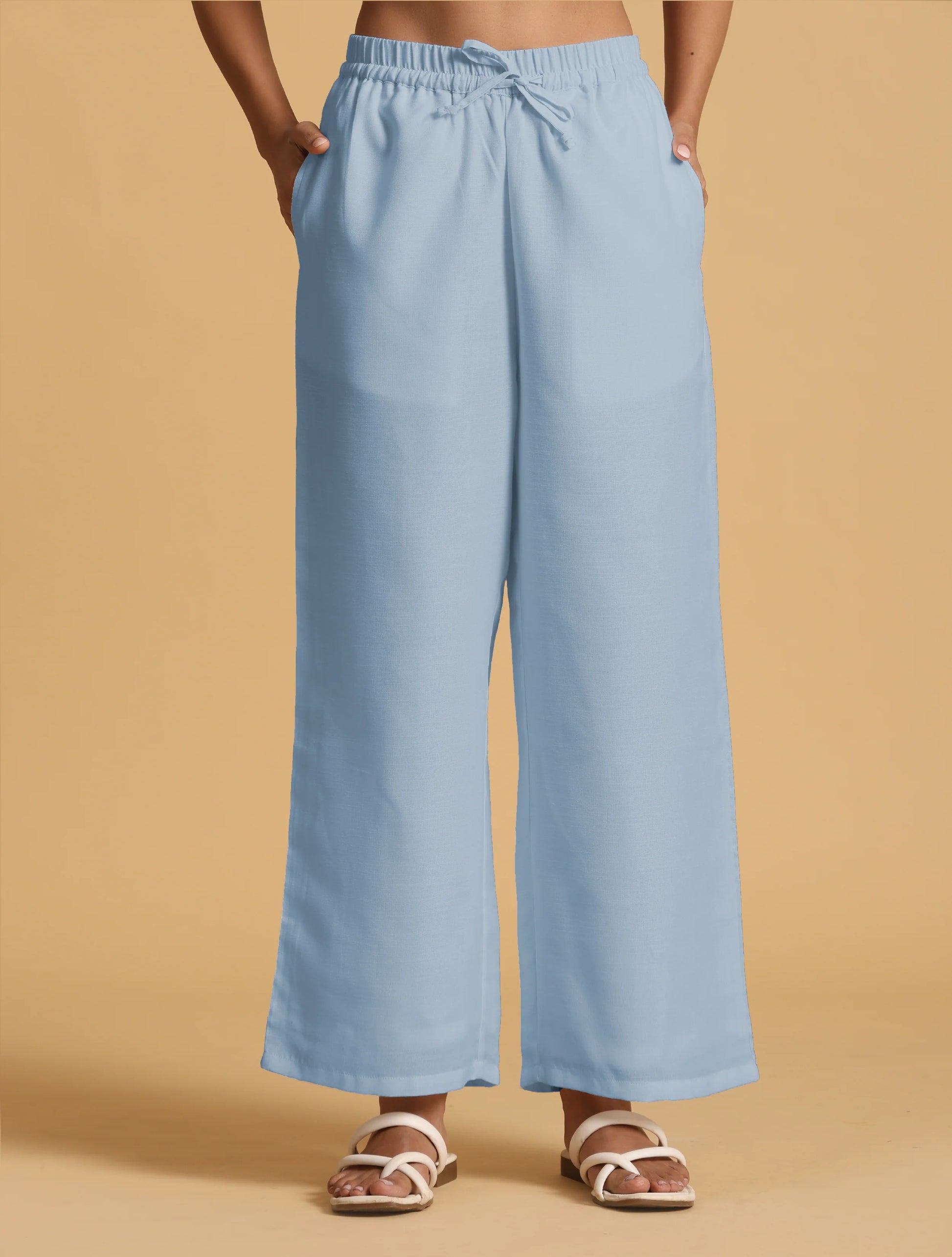 trueBrowns Light Blue Cotton Blend Straight Drawstring Pants - Distacart