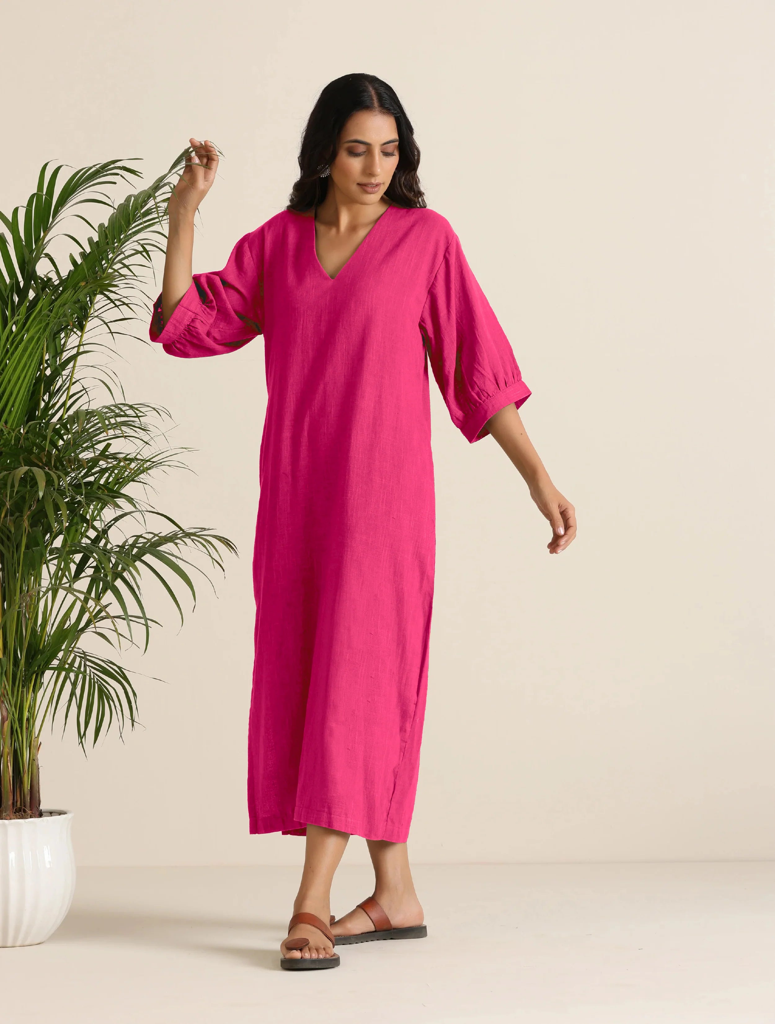 trueBrowns Hot Pink Cotton Blend Long Dress - Distacart
